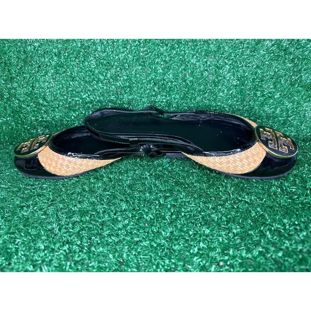 Tory Burch Randy Slingback Flats Black Patent Straw Logo Women’s Size 7